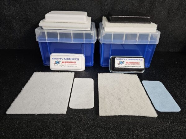 Two blue containers with white lids, each accompanied by rectangular and square white pads and a blue pad. Two labels with a warning message are placed in front of the containers labeled as FF-3 for 3/8″ (.95 CM) TO 3/4″ (1.9 CM).
