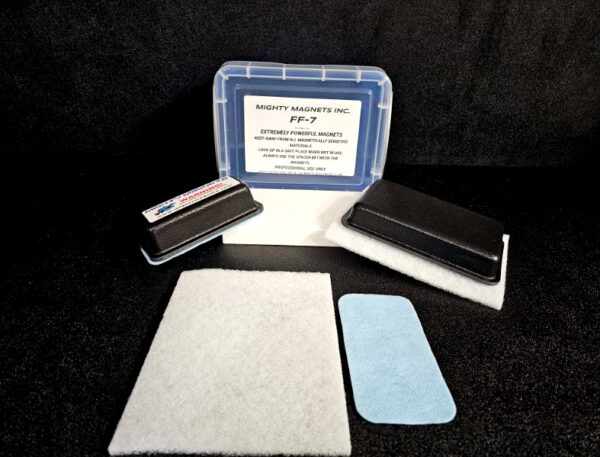 A kit containing two black rectangular magnets, a white pad, a blue pad, and a clear plastic case labeled "FF-5 for 5/8″ (1.58 CM) TO 1-1/4″ (3.2 CM)" on a black background.