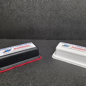 Black and white warning blocks on display.